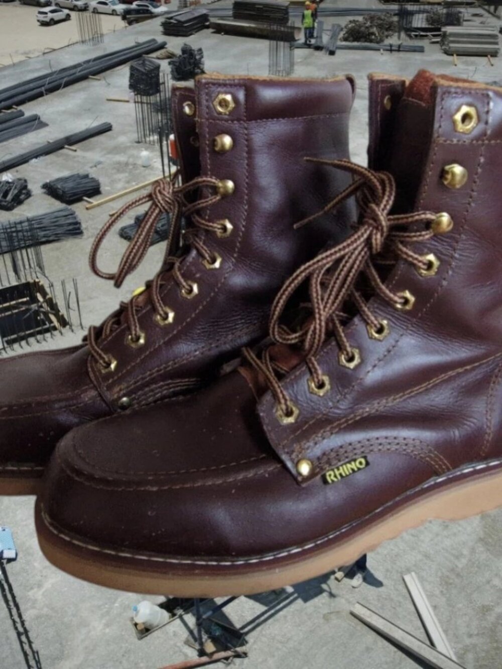 Mens Size 10 - Rhino 82M28 Leather Brown 8" Soft Toe Lace Up Work Boots Rugged